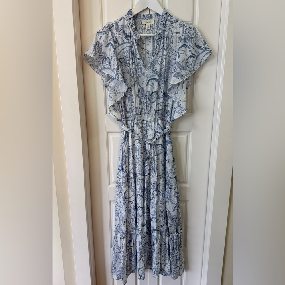 Tamara H. Blue & White Paisley Midi Dress (Size Small)